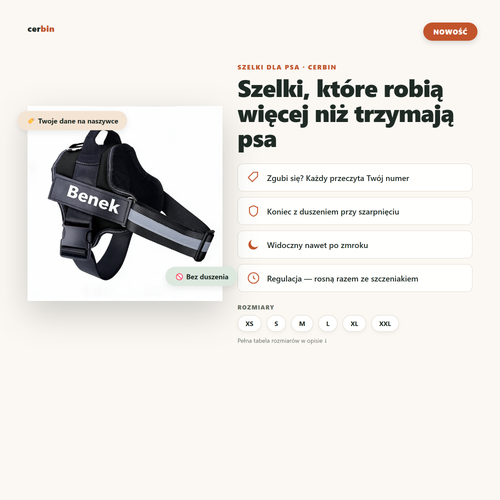 Szelki dla psa cerbin - personalizowane, odblaskowe, bez ciagniecia, rozmiary XS-XXL